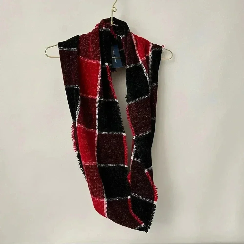 Charter Club Chenille Infinity Scarf Black Red Multi Plaid Woven Loop Fringed